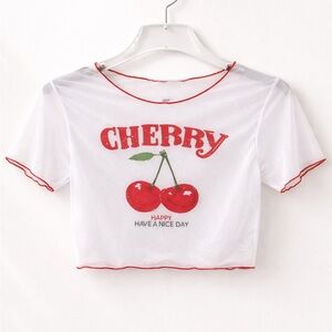 Cherry Graphic White Crop Top with Red Trim